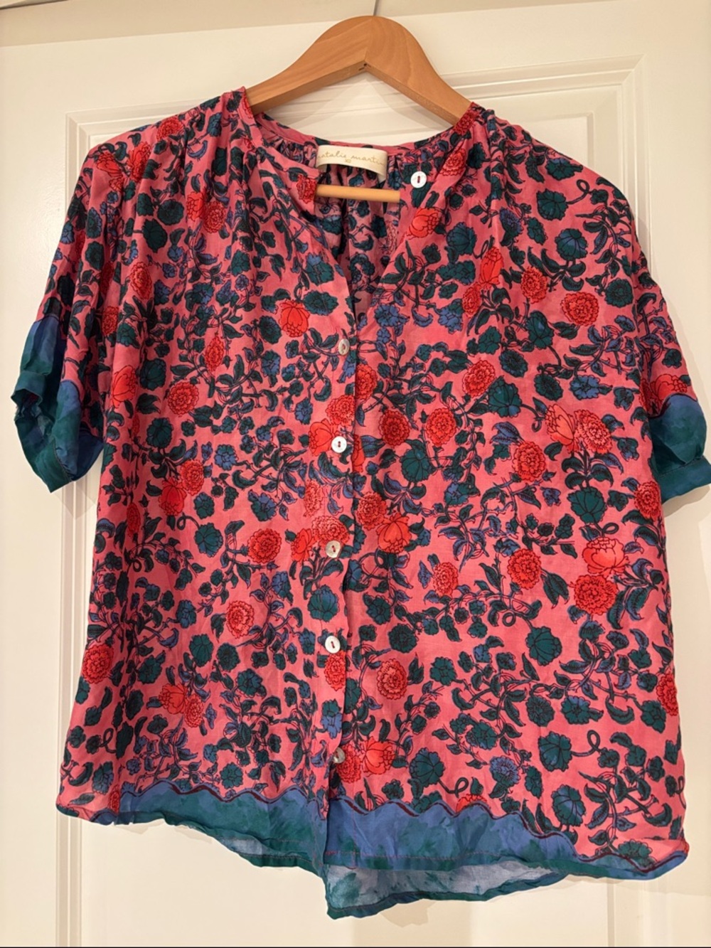 Natalie Martin Pink Floral Button-Down Blouse with Green Accents